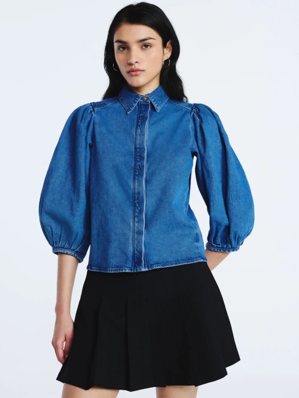 NWT Scoop Denim Puff Sleeve Button-Up Shirt Medium Wash